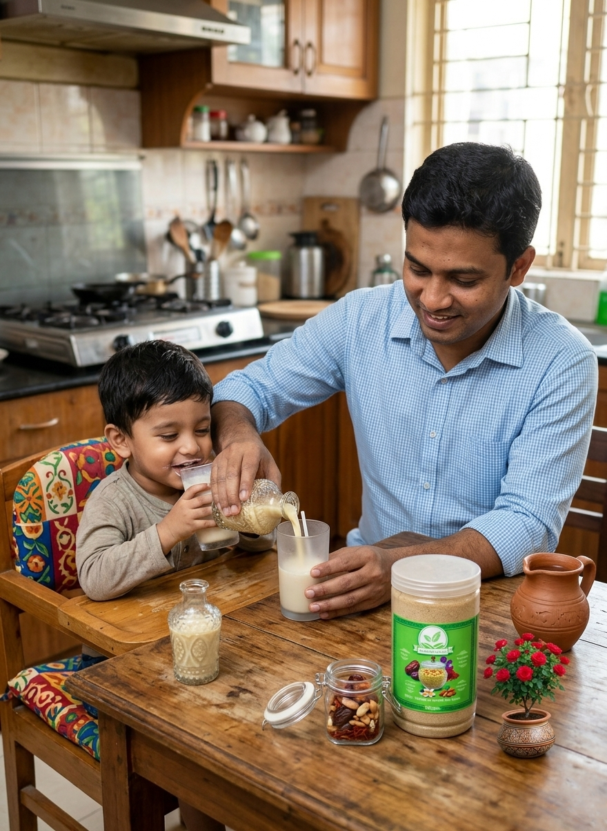 Baby drinking milkshake with father
